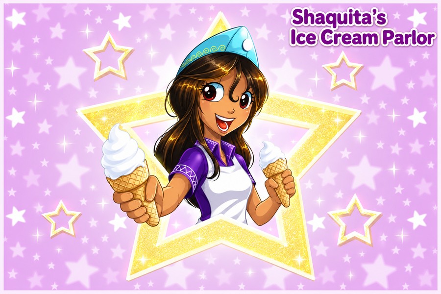 The recreated ice cream parlor with cleaner, sharper anime illustrations.
