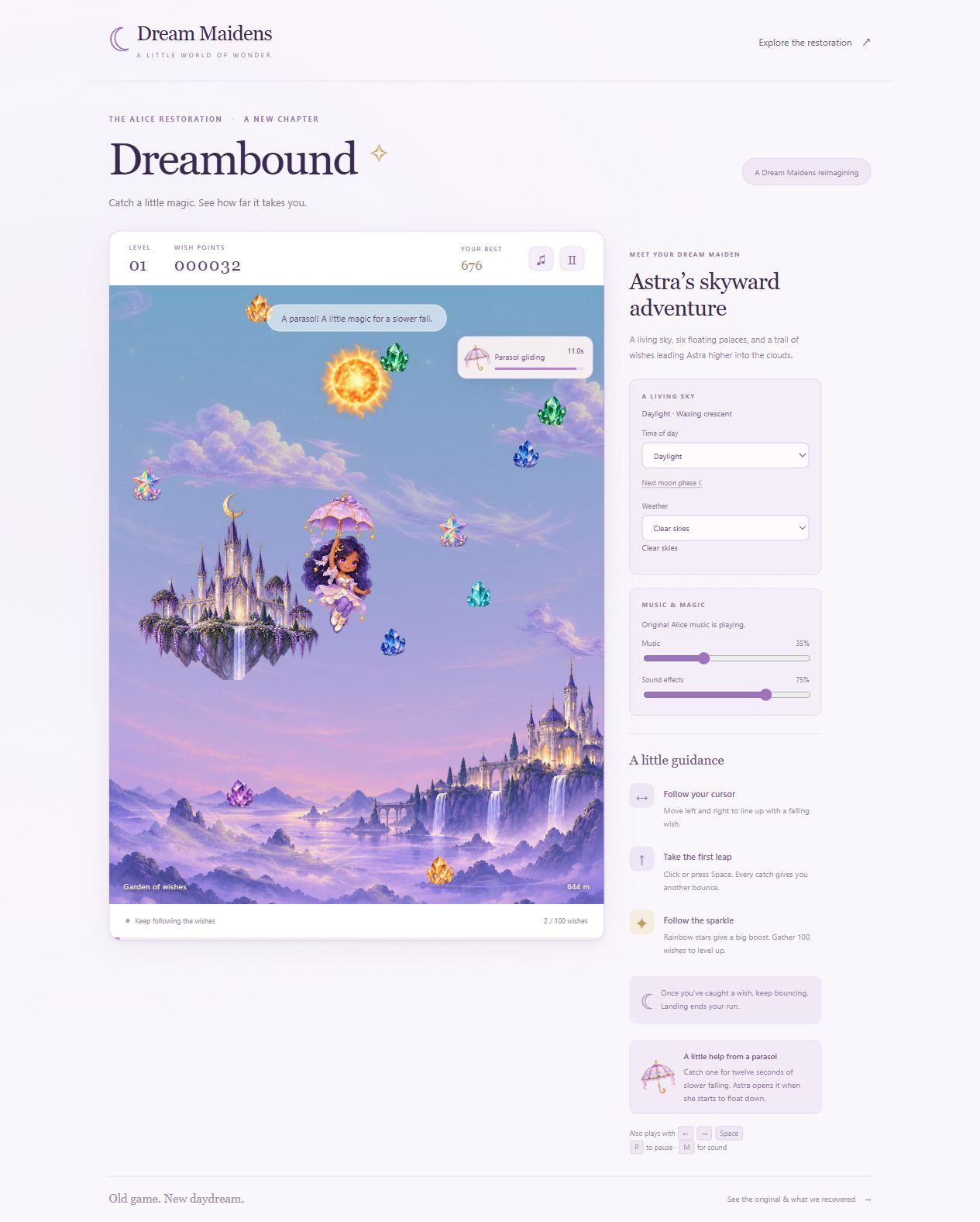 Astra floating with her lavender parasol among colorful crystals and floating palaces