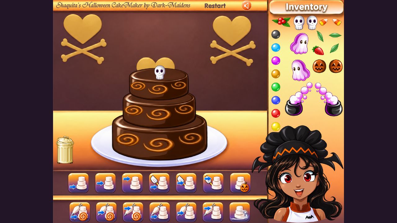 Shaquita beside a three-tier chocolate Halloween cake with a skull decoration