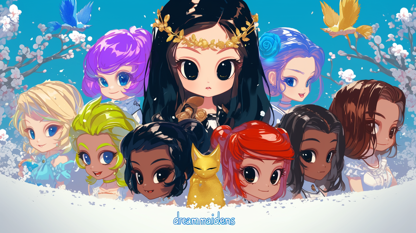The Dream-Maidens cast: colorful chibi maidens, a crowned princess, birds, a golden cat, and cherry blossoms